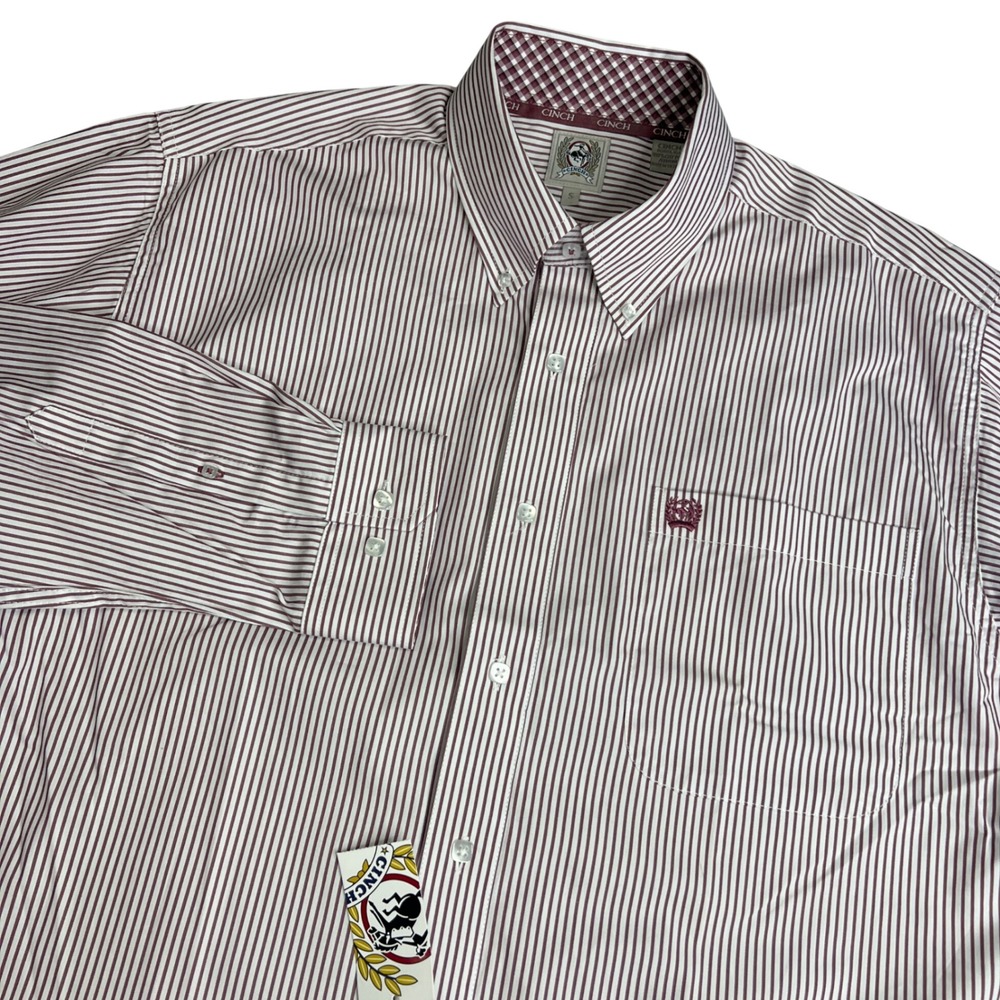 Cinch Mens Striped Button Down Shirt White Burgundy MTW1105711 WHT Size S NWT